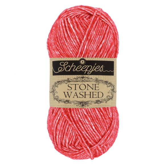 Scheepjes Stonewashed cotton acrylic blend yarn in 823 Carnelian. Available online or in store at Samford Valley yarn shop. Yarn suitable for crochet and knitting patterns. Sport weight yarn in a range of colours. Learn to knit or crochet with us. Make garments, baby blankets, amigurumi, mosaic crochet with Scheepjes Stone Washed. Perfect yarn for Mobius Girl Marguerite blanket and Attic 24 ripple blanket.