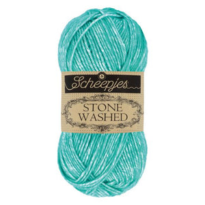 Scheepjes Stonewashed cotton acrylic blend yarn in 824 Turquoise. Available online or in store at Samford Valley yarn shop. Yarn suitable for crochet and knitting patterns. Sport weight yarn in a range of colours. Learn to knit or crochet with us. Make garments, baby blankets, amigurumi, mosaic crochet with Scheepjes Stone Washed. Perfect yarn for Mobius Girl Marguerite blanket and Attic 24 ripple blanket.