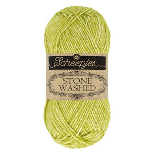 Scheepjes Stonewashed cotton acrylic blend yarn in 827 Peridot. Available online or in store at Samford Valley yarn shop. Yarn suitable for crochet and knitting patterns. Sport weight yarn in a range of colours. Learn to knit or crochet with us. Make garments, baby blankets, amigurumi, mosaic crochet with Scheepjes Stone Washed. Perfect yarn for Mobius Girl Marguerite blanket and Attic 24 ripple blanket.
