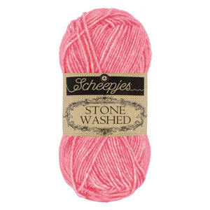 Scheepjes Stonewashed cotton acrylic blend yarn in 835 Rhodochrosite. Available online or in store at Samford Valley yarn shop. Yarn suitable for crochet and knitting patterns. Sport weight yarn in a range of colours. Learn to knit or crochet with us. Make garments, baby blankets, amigurumi, mosaic crochet with Scheepjes Stone Washed. Perfect yarn for Mobius Girl Marguerite blanket and Attic 24 ripple blanket.