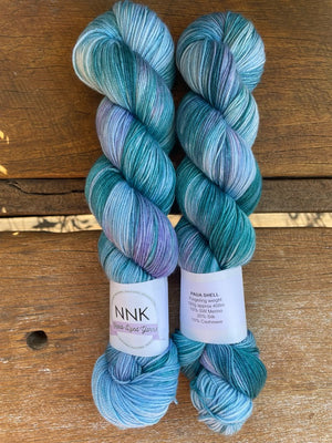 Paua Shell - NNK Fingering weight 4 ply Merino Silk Cashmere.  Perfect for garments, accessories, shawls, wraps, scarves. Knitting and crochet.  Learn to knit and learn to crochet with this luxury yarn.