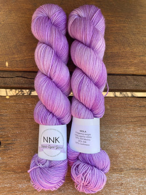 Viola - NNK Fingering weight 4 ply Merino Silk Cashmere.  Perfect for garments, accessories, shawls, wraps, scarves. Knitting and crochet.  Learn to knit and learn to crochet with this luxury yarn.