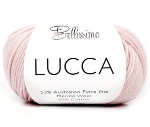 Enjoy Bellissimo Lucca Merino Wool and Cotton yarn. Available online or in store at Samford Valley, Brisbane yarn shop. Yarn suitable for crochet and knitting patterns.  8 ply DK yarn in a range of colours.  Learn to knit, learn to crochet with this yarn.  Knit or crochet garments, fashion accessories, blankets, scarves, baby and kids wear with Lucca.