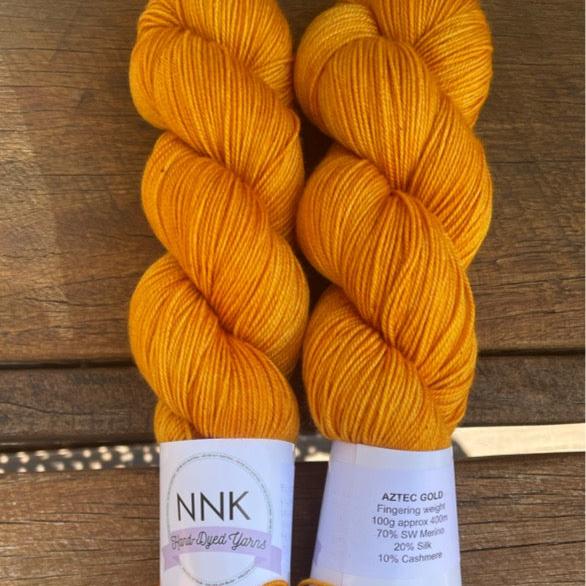 Aztec Gold -  NNK Fingering weight 4 ply Merino Silk Cashmere.  Perfect for garments, accessories, shawls, wraps, scarves. Knitting and crochet.  Learn to knit and learn to crochet with this luxury yarn. Hand dyed in Brisbane Australia by an independent dyer.