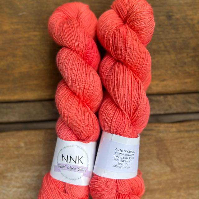 Cute in Coral - NNK Fingering weight 4 ply Merino Silk Cashmere.  Perfect for garments, accessories, shawls, wraps, scarves. Knitting and crochet.  Learn to knit and learn to crochet with this luxury yarn. Hand dyed in Brisbane Australia by an independent dyer.