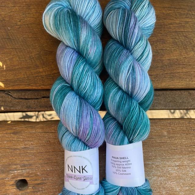 Paua Shell - NNK Fingering weight 4 ply Merino Silk Cashmere.  Perfect for garments, accessories, shawls, wraps, scarves. Knitting and crochet.  Learn to knit and learn to crochet with this luxury yarn.