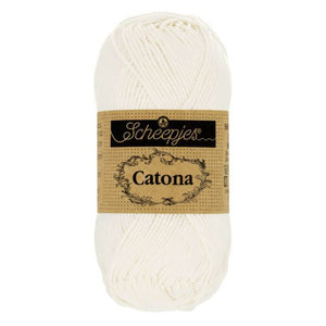 Scheepjes Catona mercerised cotton yarn in bridal white 105. Available online or in store at Samford Valley yarn shop. Yarn suitable for crochet and knitting patterns. 4 ply fingering weight yarn in a range of colours. Learn to knit or crochet with us. Make garments, baby blankets, amigurumi, mosaic crochet with Scheepjes Catona.