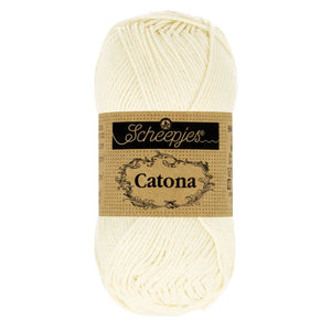 Scheepjes Catona mercerised cotton yarn in off white old lace 105. Available online or in store at Samford Valley yarn shop. Yarn suitable for crochet and knitting patterns. 4 ply fingering weight yarn in a range of colours. Learn to knit or crochet with us. Make garments, baby blankets, amigurumi, mosaic crochet with Scheepjes Catona.